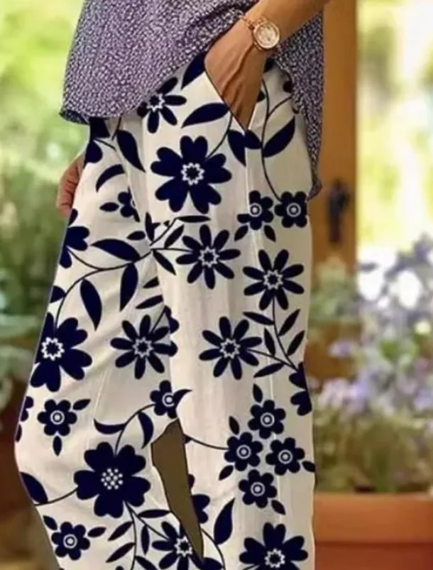 Women's Cotton Linen Pants Baggy Pants Linen Like Fashion Streetwear Full Length High Waist Floral Graphic Printing Thermal Warm Breathable Soft Micro-elastic Outdoor Daily