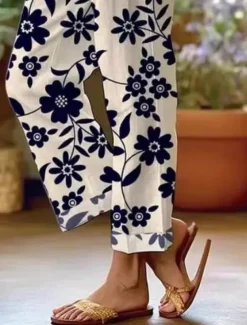 Women's Cotton Linen Pants Baggy Pants Linen Like Fashion Streetwear Full Length High Waist Floral Graphic Printing Thermal Warm Breathable Soft Micro-elastic Outdoor Daily