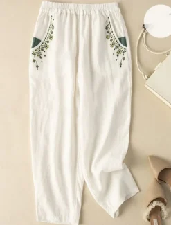 Women's Cotton Linen Pants Baggy Pants Chinos Fashion Streetwear Ethnic Style Full Length High Waist Floral Embroidered Pocket Elastic Waistband Comfy Soft Comfortable Micro-elastic Outdoor Street