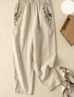 Women's Cotton Linen Pants Baggy Pants Chinos Fashion Streetwear Ethnic Style Full Length High Waist Floral Embroidered Pocket Elastic Waistband Comfy Soft Comfortable Micro-elastic Outdoor Street