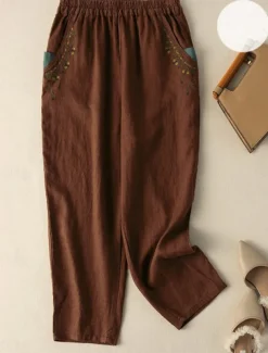 Women's Cotton Linen Pants Baggy Pants Chinos Fashion Streetwear Ethnic Style Full Length High Waist Floral Embroidered Pocket Elastic Waistband Comfy Soft Comfortable Micro-elastic Outdoor Street
