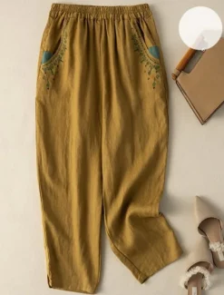 Women's Cotton Linen Pants Baggy Pants Chinos Fashion Streetwear Ethnic Style Full Length High Waist Floral Embroidered Pocket Elastic Waistband Comfy Soft Comfortable Micro-elastic Outdoor Street