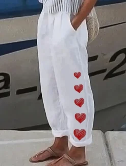 Women's Cotton Linen Pants Baggy Pants Linen Like Vintage Casual Full Length Heart Floral Butterfly Side Pockets Baggy Print Comfort Inelastic Vacation Daily White Yellow Red Blue Fall Regular Fit