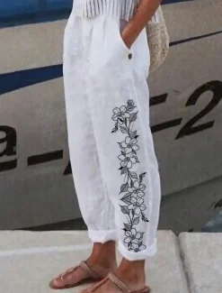 Women's Cotton Linen Pants Baggy Pants Linen Like Vintage Casual Full Length Heart Floral Butterfly Side Pockets Baggy Print Comfort Inelastic Vacation Daily White Yellow Red Blue Fall Regular Fit