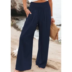 Women's Cotton Linen Pants Wide Leg Trousers Fashion Casual Lounge Full Length High Waist Baggy Micro-elastic Vacation Daily Apple Green Black White Dark Navy Autumn / Fall