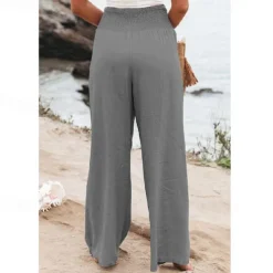 Women's Cotton Linen Pants Wide Leg Trousers Fashion Casual Lounge Full Length High Waist Baggy Micro-elastic Vacation Daily Apple Green Black White Dark Navy Autumn / Fall