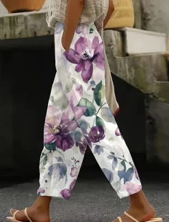 Women's Cotton Linen Pants Baggy Pants Linen Like Beach Shorts Vacation Vintage Fashion Full Length High Waist Floral Graphic Printing Thermal Warm Breathable Soft Micro-elastic Causal Violet