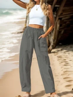 Women's Cotton Linen Pants Basic Full Length High Waist Plain Pocket Comfort Outdoor Micro-elastic Vacation Street Causal Black Pink Wine Navy Blue Summer Spring Fall Loose Fit