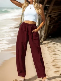 Women's Cotton Linen Pants Basic Full Length High Waist Plain Pocket Comfort Outdoor Micro-elastic Vacation Street Causal Black Pink Wine Navy Blue Summer Spring Fall Loose Fit