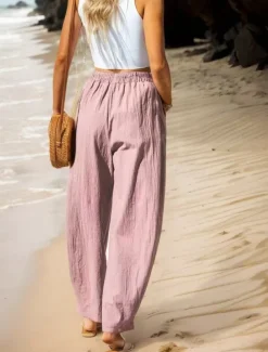 Women's Cotton Linen Pants Basic Full Length High Waist Plain Pocket Comfort Outdoor Micro-elastic Vacation Street Causal Black Pink Wine Navy Blue Summer Spring Fall Loose Fit