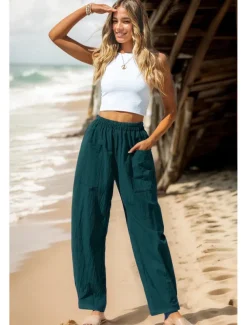 Women's Cotton Linen Pants Basic Full Length High Waist Plain Pocket Comfort Outdoor Micro-elastic Vacation Street Causal Black Pink Wine Navy Blue Summer Spring Fall Loose Fit
