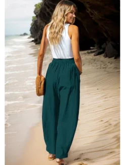 Women's Cotton Linen Pants Basic Full Length High Waist Plain Pocket Comfort Outdoor Micro-elastic Vacation Street Causal Black Pink Wine Navy Blue Summer Spring Fall Loose Fit