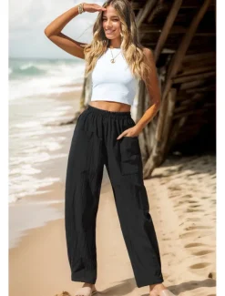 Women's Cotton Linen Pants Basic Full Length High Waist Plain Pocket Comfort Outdoor Micro-elastic Vacation Street Causal Black Pink Wine Navy Blue Summer Spring Fall Loose Fit