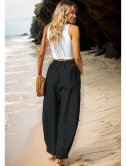 Women's Cotton Linen Pants Basic Full Length High Waist Plain Pocket Comfort Outdoor Micro-elastic Vacation Street Causal Black Pink Wine Navy Blue Summer Spring Fall Loose Fit