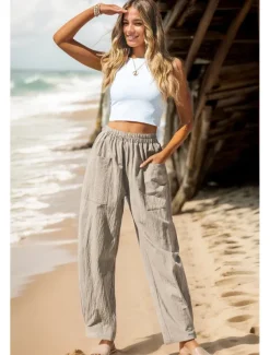 Women's Cotton Linen Pants Basic Full Length High Waist Plain Pocket Comfort Outdoor Micro-elastic Vacation Street Causal Black Pink Wine Navy Blue Summer Spring Fall Loose Fit