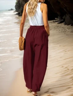 Women's Cotton Linen Pants Basic Full Length High Waist Plain Pocket Comfort Outdoor Micro-elastic Vacation Street Causal Black Pink Wine Navy Blue Summer Spring Fall Loose Fit