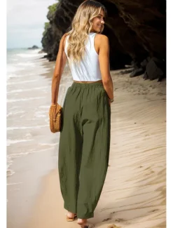 Women's Cotton Linen Pants Basic Full Length High Waist Plain Pocket Comfort Outdoor Micro-elastic Vacation Street Causal Black Pink Wine Navy Blue Summer Spring Fall Loose Fit