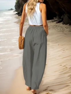 Women's Cotton Linen Pants Basic Full Length High Waist Plain Pocket Comfort Outdoor Micro-elastic Vacation Street Causal Black Pink Wine Navy Blue Summer Spring Fall Loose Fit