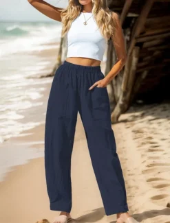 Women's Cotton Linen Pants Basic Full Length High Waist Plain Pocket Comfort Outdoor Micro-elastic Vacation Street Causal Black Pink Wine Navy Blue Summer Spring Fall Loose Fit