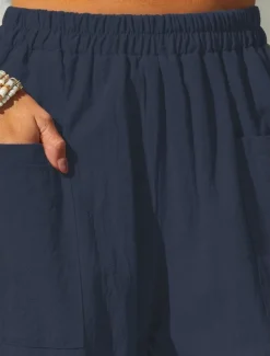 Women's Cotton Linen Pants Basic Full Length High Waist Plain Pocket Comfort Outdoor Micro-elastic Vacation Street Causal Black Pink Wine Navy Blue Summer Spring Fall Loose Fit