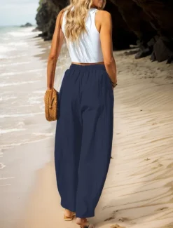 Women's Cotton Linen Pants Basic Full Length High Waist Plain Pocket Comfort Outdoor Micro-elastic Vacation Street Causal Black Pink Wine Navy Blue Summer Spring Fall Loose Fit