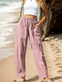 Women's Cotton Linen Pants Basic Full Length High Waist Plain Pocket Comfort Outdoor Micro-elastic Vacation Street Causal Black Pink Wine Navy Blue Summer Spring Fall Loose Fit