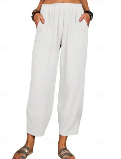 Women's Cotton Linen Pants Pants Trousers Lightweight Casual Ankle-Length High Rise Plain Pocket Breathability Comfortable Inelastic Casual Daily Weekend Wine Navy Black White Summer Spring Regular