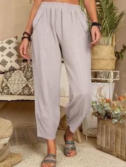 Women's Cotton Linen Pants Pants Trousers Lightweight Casual Ankle-Length High Rise Plain Pocket Breathability Comfortable Inelastic Casual Daily Weekend Wine Navy Black White Summer Spring Regular