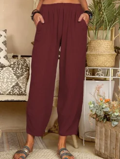 Women's Cotton Linen Pants Pants Trousers Lightweight Casual Ankle-Length High Rise Plain Pocket Breathability Comfortable Inelastic Casual Daily Weekend Wine Navy Black White Summer Spring Regular