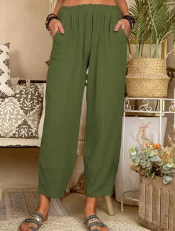 Women's Cotton Linen Pants Pants Trousers Lightweight Casual Ankle-Length High Rise Plain Pocket Breathability Comfortable Inelastic Casual Daily Weekend Wine Navy Black White Summer Spring Regular