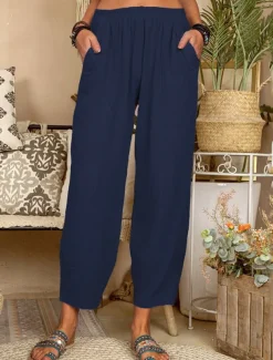 Women's Cotton Linen Pants Pants Trousers Lightweight Casual Ankle-Length High Rise Plain Pocket Breathability Comfortable Inelastic Casual Daily Weekend Wine Navy Black White Summer Spring Regular