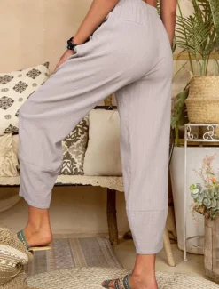 Women's Cotton Linen Pants Pants Trousers Lightweight Casual Ankle-Length High Rise Plain Pocket Breathability Comfortable Inelastic Casual Daily Weekend Wine Navy Black White Summer Spring Regular