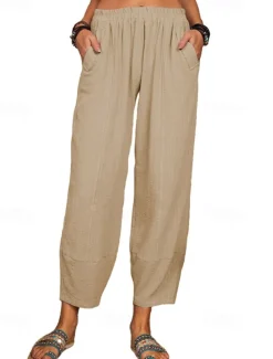 Women's Cotton Linen Pants Pants Trousers Lightweight Casual Ankle-Length High Rise Plain Pocket Breathability Comfortable Inelastic Casual Daily Weekend Wine Navy Black White Summer Spring Regular