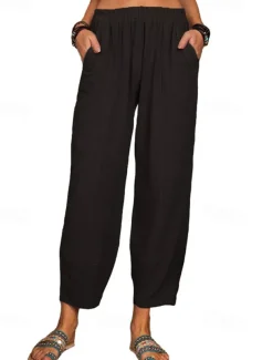 Women's Cotton Linen Pants Pants Trousers Lightweight Casual Ankle-Length High Rise Plain Pocket Breathability Comfortable Inelastic Casual Daily Weekend Wine Navy Black White Summer Spring Regular