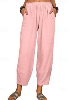 Women's Cotton Linen Pants Pants Trousers Lightweight Casual Ankle-Length High Rise Plain Pocket Breathability Comfortable Inelastic Casual Daily Weekend Wine Navy Black White Summer Spring Regular