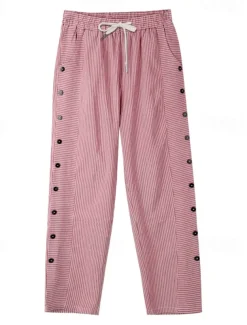 Women's Cotton Linen Pants Slacks Pants Trousers Streetwear Casual Full Length Natural Striped Pocket Elastic Drawstring Design Breathability Soft Micro-elastic Casual Daily Wear Light Yellow Dark