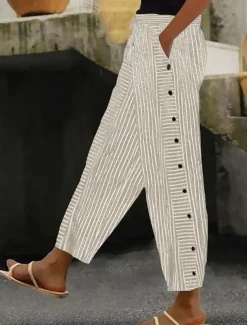Women's Cotton Linen Pants Slacks Pants Trousers Streetwear Casual Full Length Natural Striped Pocket Elastic Drawstring Design Breathability Soft Micro-elastic Casual Daily Wear Light Yellow Dark