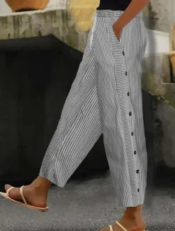 Women's Cotton Linen Pants Slacks Pants Trousers Streetwear Casual Full Length Natural Striped Pocket Elastic Drawstring Design Breathability Soft Micro-elastic Casual Daily Wear Light Yellow Dark