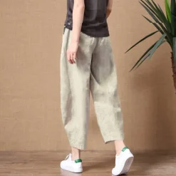 Women's Cotton Linen Pants Pants Trousers Casual Daily Ankle-Length Plain Side Pockets Breathability Comfortable Inelastic Going out Weekend Black Wine Sky Blue Khaki Spring & Summer Regular Fit