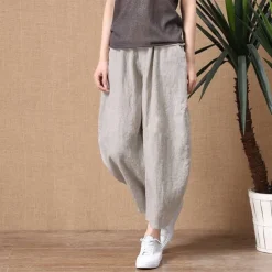 Women's Cotton Linen Pants Pants Trousers Casual Daily Ankle-Length Plain Side Pockets Breathability Comfortable Inelastic Going out Weekend Black Wine Sky Blue Khaki Spring & Summer Regular Fit