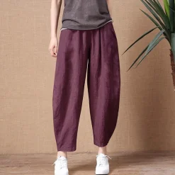 Women's Cotton Linen Pants Pants Trousers Casual Daily Ankle-Length Plain Side Pockets Breathability Comfortable Inelastic Going out Weekend Black Wine Sky Blue Khaki Spring & Summer Regular Fit