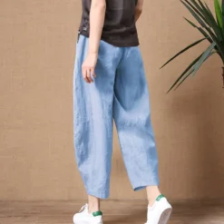 Women's Cotton Linen Pants Pants Trousers Casual Daily Ankle-Length Plain Side Pockets Breathability Comfortable Inelastic Going out Weekend Black Wine Sky Blue Khaki Spring & Summer Regular Fit