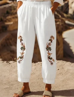 Women's Cotton Linen Pants Chinos Fashion Basic Ethnic Full Length Medium Waist Floral Embroidered Pocket Drawstring Comfort Outdoor Stretchy Vacation Street Causal Black White Coffee Summer Spring