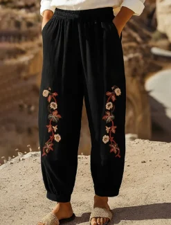 Women's Cotton Linen Pants Chinos Fashion Basic Ethnic Full Length Medium Waist Floral Embroidered Pocket Drawstring Comfort Outdoor Stretchy Vacation Street Causal Black White Coffee Summer Spring