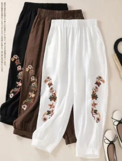 Women's Cotton Linen Pants Chinos Fashion Basic Ethnic Full Length Medium Waist Floral Embroidered Pocket Drawstring Comfort Outdoor Stretchy Vacation Street Causal Black White Coffee Summer Spring