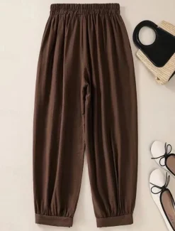 Women's Cotton Linen Pants Chinos Fashion Basic Ethnic Full Length Medium Waist Floral Embroidered Pocket Drawstring Comfort Outdoor Stretchy Vacation Street Causal Black White Coffee Summer Spring