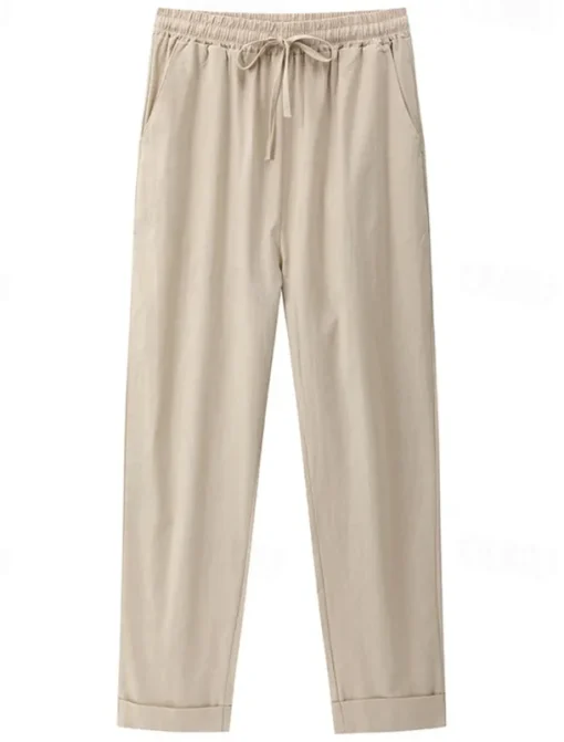 Women's Cotton Linen Pants Chinos Pants Trousers Basic Casual Long High Waist Plain Pocket Elastic Drawstring Design High Cut Breathability Soft Micro-elastic Street Daily Wear Black White Green Khaki