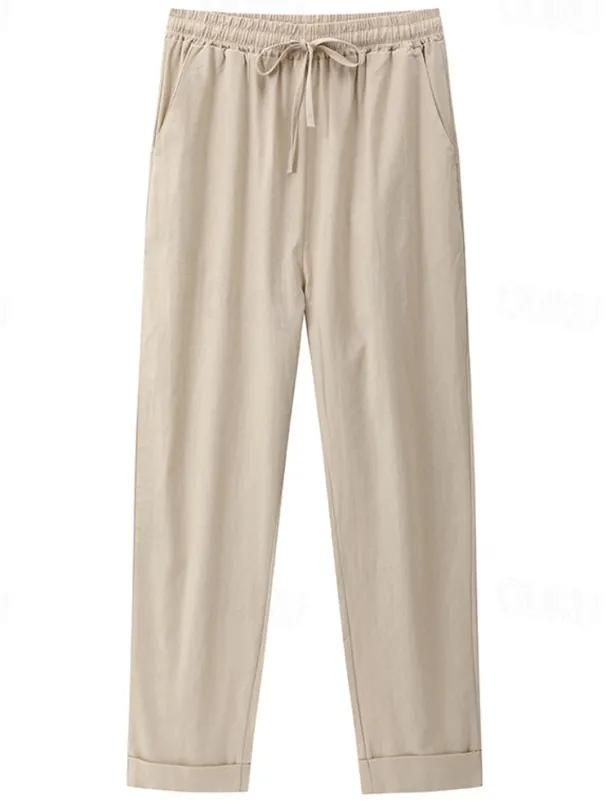 Women's Cotton Linen Pants Chinos Pants Trousers Basic Casual Long High Waist Plain Pocket Elastic Drawstring Design High Cut Breathability Soft Micro-elastic Street Daily Wear Black White Green Khaki