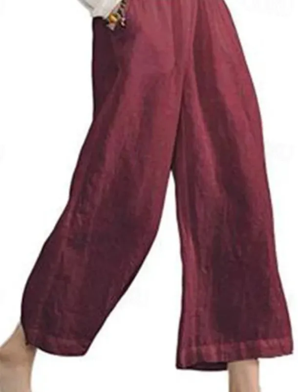 Women's Cotton Linen Pants Slacks Active Casual Ankle-Length Natural Plain Pocket Elastic Waist Outdoor Comfortable Outdoor Vacation Casual Daily Wine Black Army Green Blue Summer Regular Fit