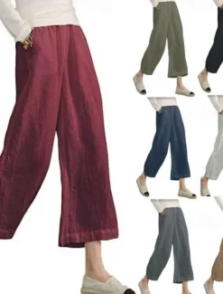 Women's Cotton Linen Pants Slacks Active Casual Ankle-Length Natural Plain Pocket Elastic Waist Outdoor Comfortable Outdoor Vacation Casual Daily Wine Black Army Green Blue Summer Regular Fit